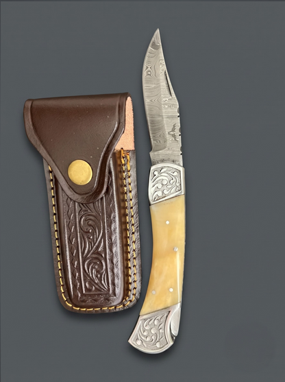 Heritage Utility – Folding Utility Knife with Bone Handle & 3’’ Damascus Steel Blade