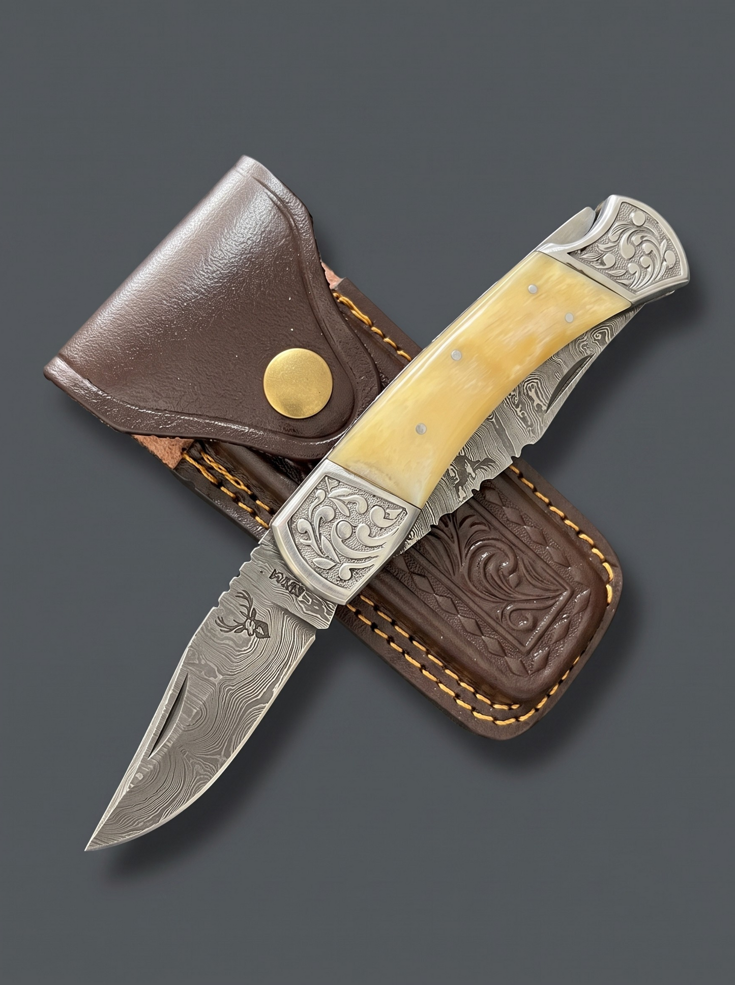 Heritage Utility – Folding Utility Knife with Bone Handle & 3’’ Damascus Steel Blade