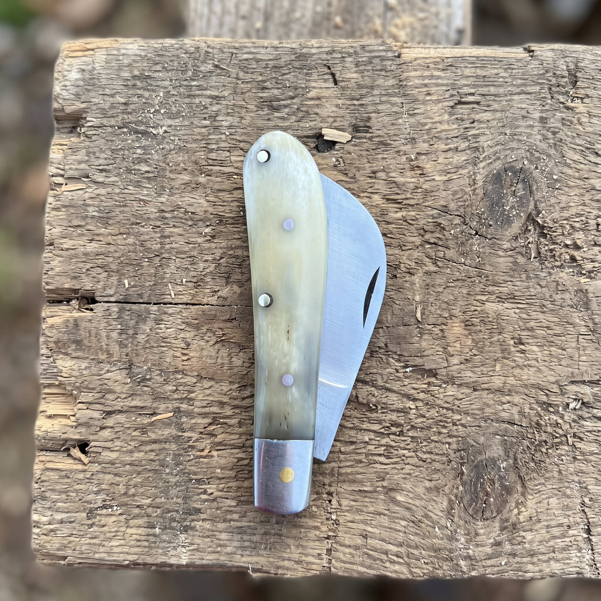 A folding pocket knife with a natural bone handle and a silver steel blade, resting on a rustic wooden log.
