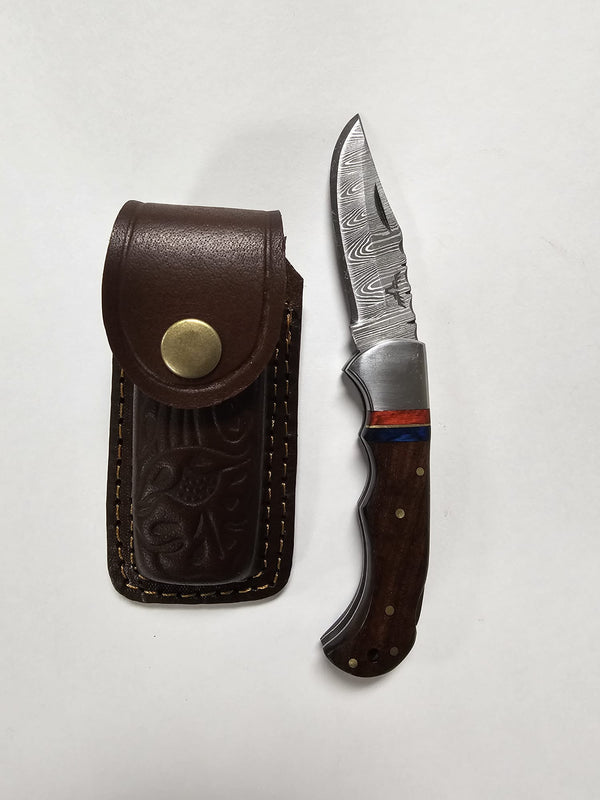 The Gentry Knife - Classic Lockback Damascus Blade Folding Knife Wood Handle With Premium Cowhide Leather Sheath