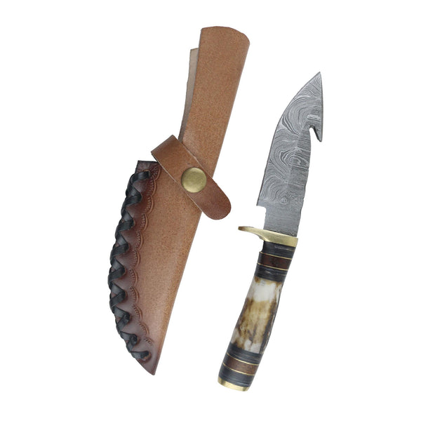 Damascen Hook Blade Hunting Knife - Stag Handle & Brass Clip, 9