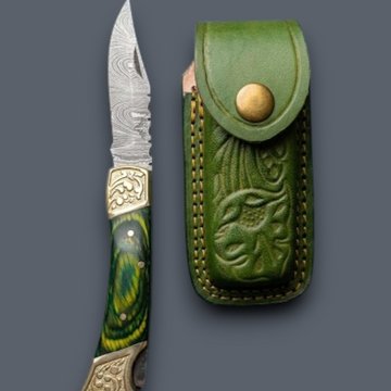 The Rambler Damascus folding pocket knife with multicolor wood handle and leather sheath