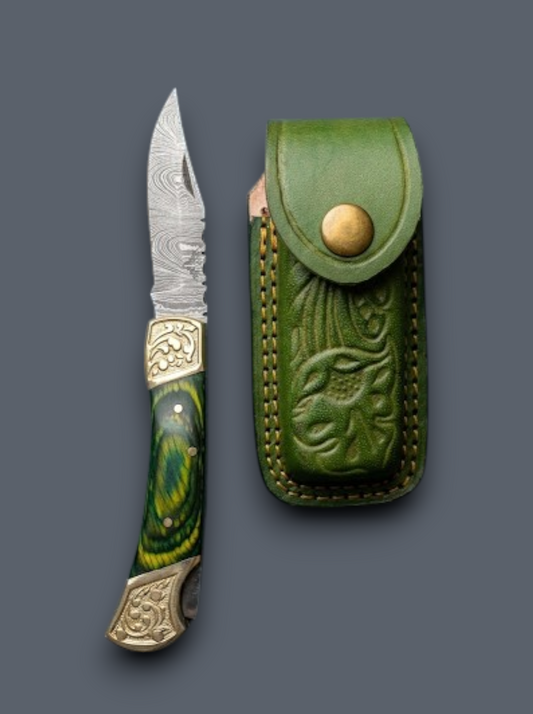 The Rambler: Lockback Folding Pocket Knife with Multicolor Wooden Handle & Leather Sheath