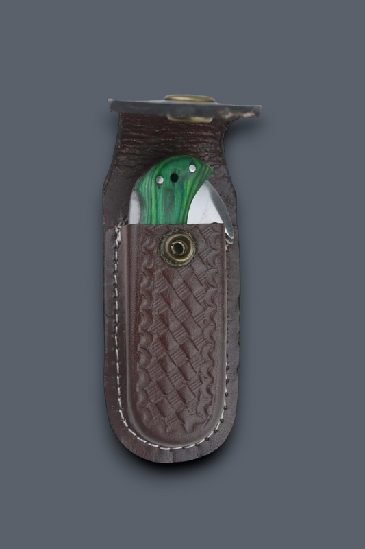 A brown leather knife sheath with a textured basketweave pattern and white stitching, holding a folding knife with a green marbled handle, set against a solid dark gray background.