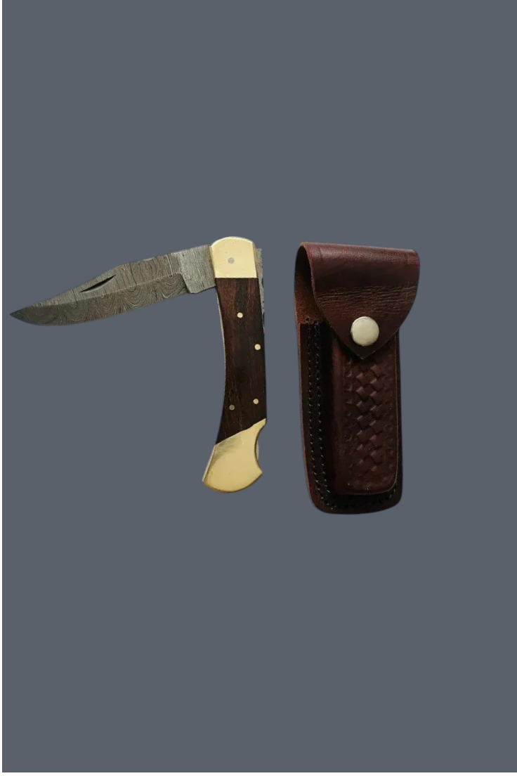 Old World Edge – Damascus Folding Knife with Wood Handle & Double Brass Bolster