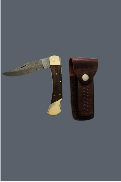 Old World Edge – Damascus Folding Knife with Wood Handle & Double Brass Bolster
