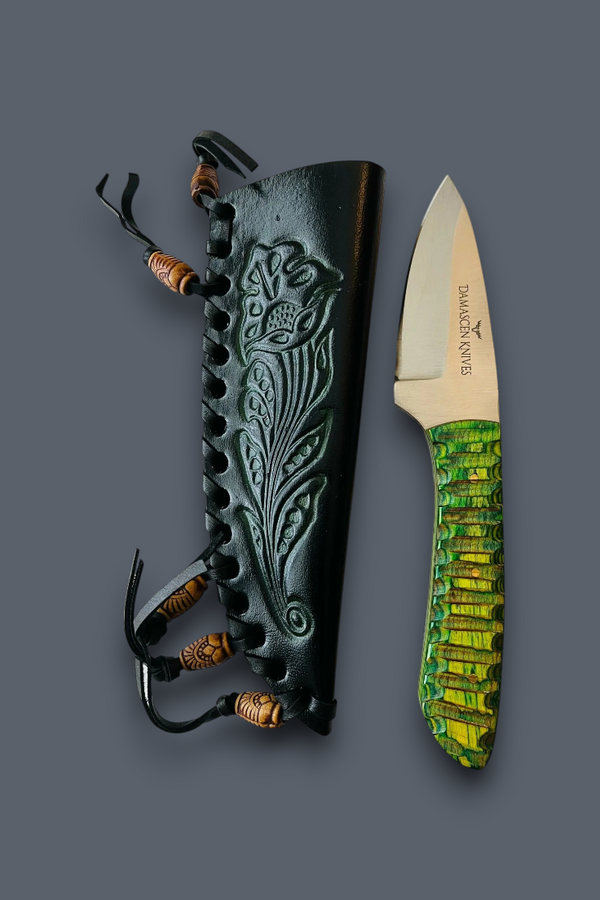 Green Phantom fixed blade hunting knife with wood handle sheath