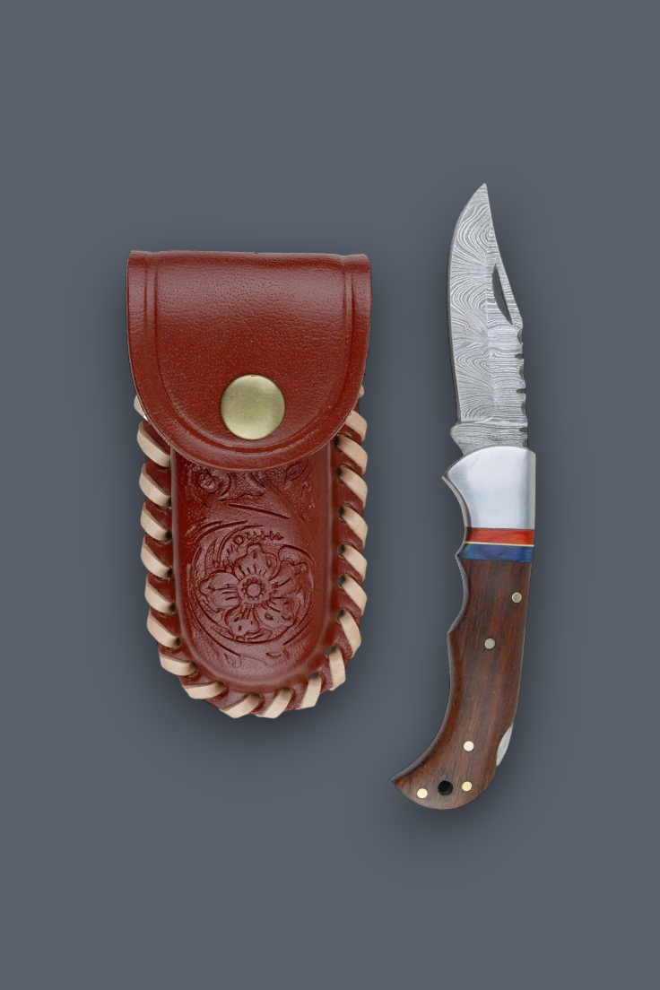A fixed-blade knife with a patterned steel blade, brown wood handle, and a brown leather sheath with braided cord trim, displayed on a dark gray background.