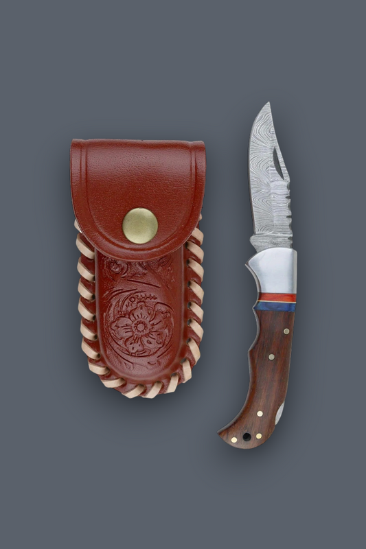 A fixed-blade knife with a patterned steel blade, brown wood handle, and a brown leather sheath with braided cord trim, displayed on a dark gray background.