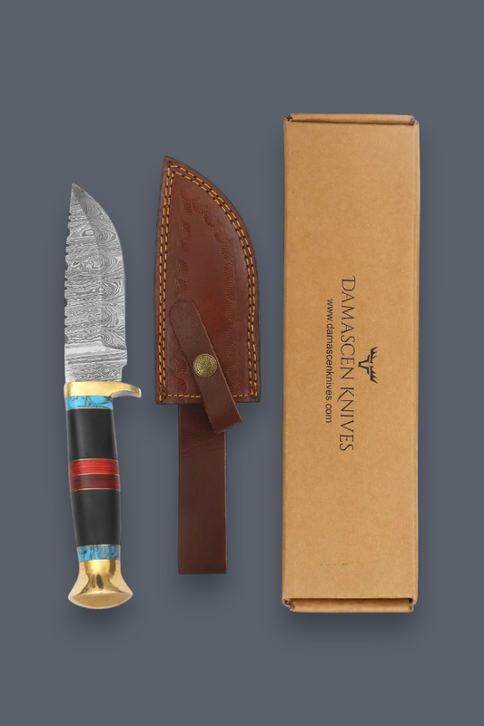 Premium Damascus Hunting Knife with 5.5’’ Blade, Brass Bolster, Wood & Leather Handle | Genuine Leather Sheath