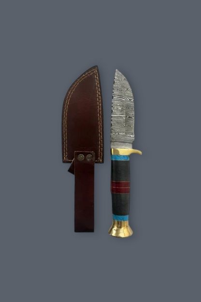 Premium Damascus Hunting Knife with 5.5’’ Blade, Brass Bolster, Wood & Leather Handle | Genuine Leather Sheath
