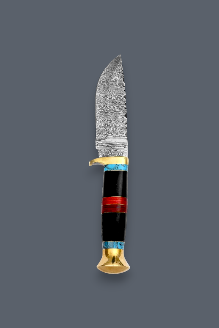 Premium Damascus Hunting Knife with 5.5’’ Blade, Brass Bolster, Wood & Leather Handle | Genuine Leather Sheath