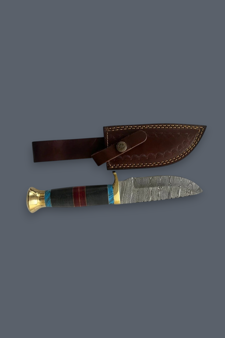 Premium Damascus Hunting Knife with 5.5’’ Blade, Brass Bolster, Wood & Leather Handle | Genuine Leather Sheath