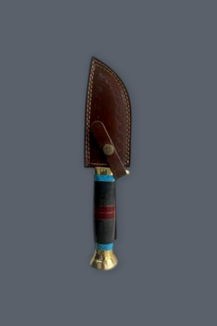Premium Damascus Hunting Knife with 5.5’’ Blade, Brass Bolster, Wood & Leather Handle | Genuine Leather Sheath