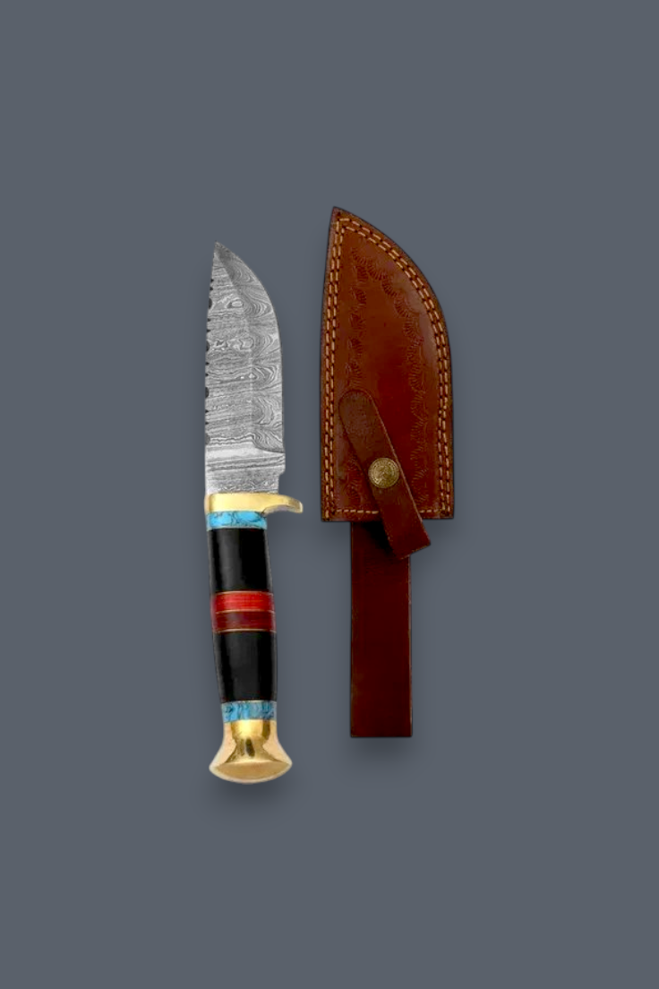 Premium Damascus Hunting Knife with 5.5’’ Blade, Brass Bolster, Wood & Leather Handle | Genuine Leather Sheath