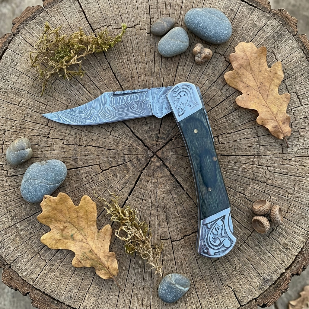 A folding pocket knife with a patterned steel blade and carved dark blue-green handle, displayed on a cut tree stump with small stones, moss, and oak leaves.
