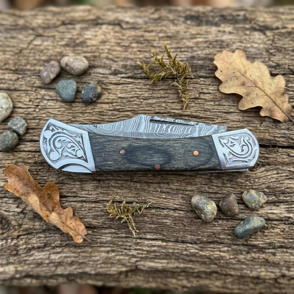 A folding pocket knife with a Damascus steel blade and engraved silver-toned bolster and end caps, displayed on a weathered wooden log surrounded by small stones and dried leaves.