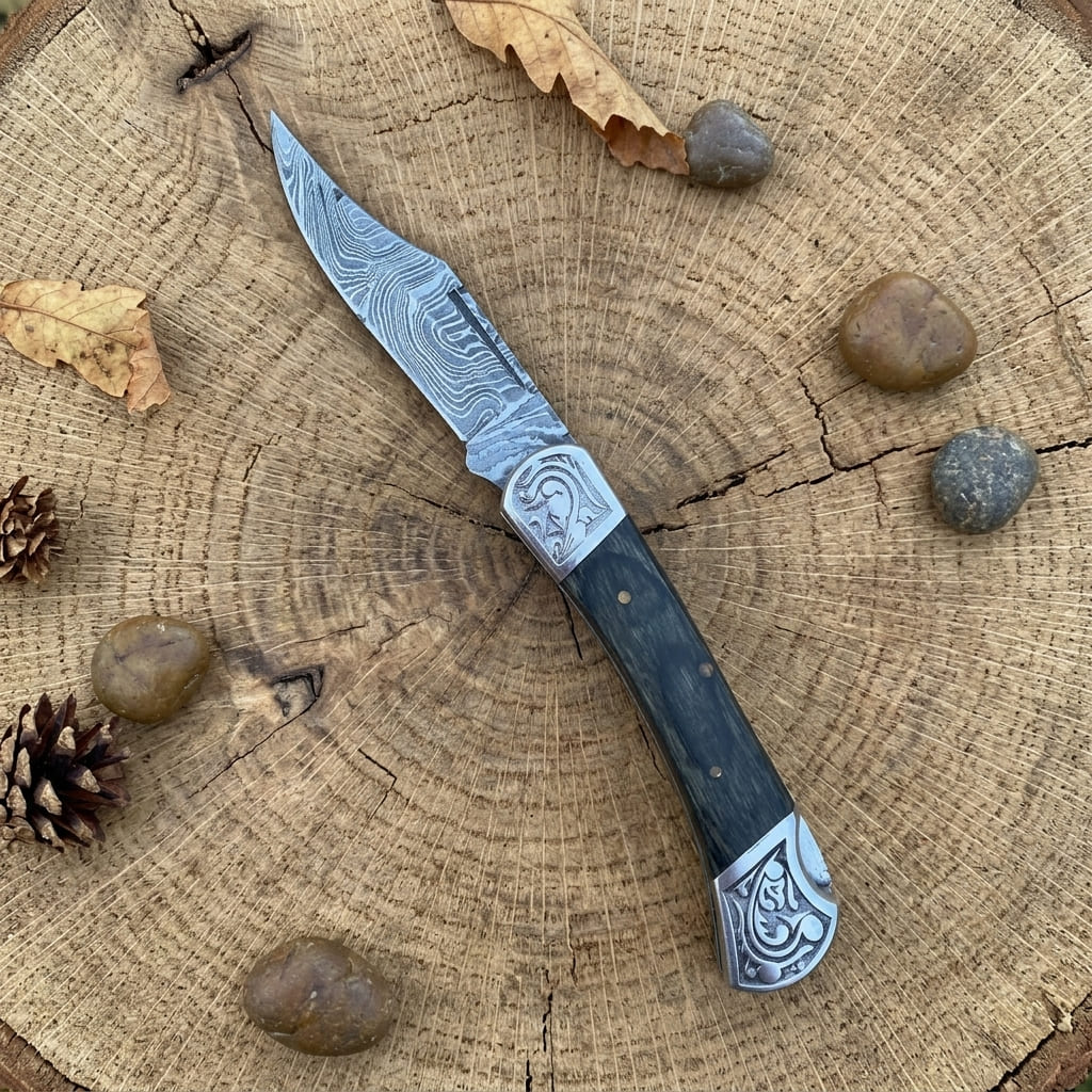 A folding pocket knife with a patterned steel blade, engraved silver metal accents, and a dark wood handle, displayed diagonally on a rustic tree stump surrounded by small stones and dried leaves.