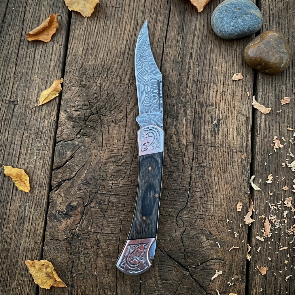 A custom pocket knife with a patterned Damascus steel blade and a dark wood handle with silver-toned engraved accents, displayed on a rustic wooden plank surface with scattered leaves and stones.