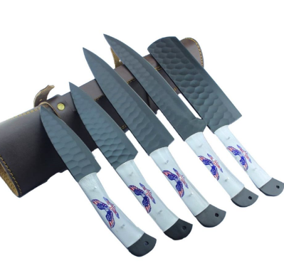 5-Piece Steel Cooking Knife Set – 8–13 Inch Blades | U.S. Flag Resin Handles | Professional Chef Knives