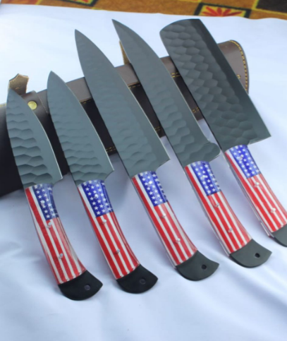 5-Piece Steel Cooking Knife Set – 8–13 Inch Blades | Red, White & Blue Resin Handles | Durable Kitchen Knives