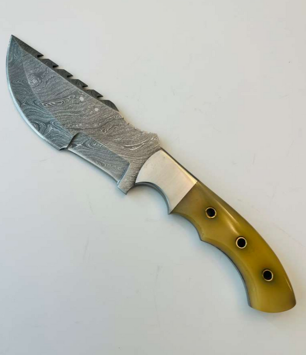 DAMASCEN Tracker hunting knife Bone Wood Handle with Premium Cowhide Leather Sheath