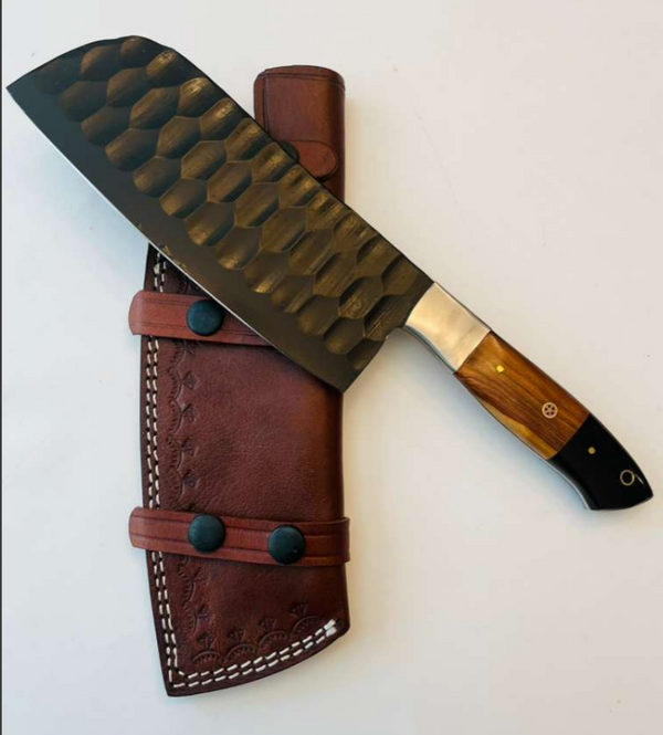 Chef Knife with Wood & Black Resin Handle, Stainless Steel Bolster, and Leather Sheath