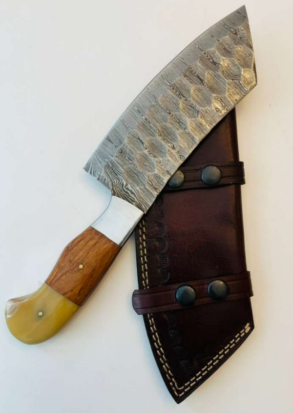 Damascus Chef Knife with Wood and Bone Handle, Stainless Steel Bolster, and Leather Sheath