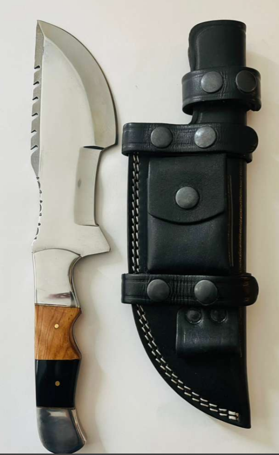 American Tracker Knife with Wood and Plastic Handle, Double Stainless Steel Bolster, and Leather Sheath