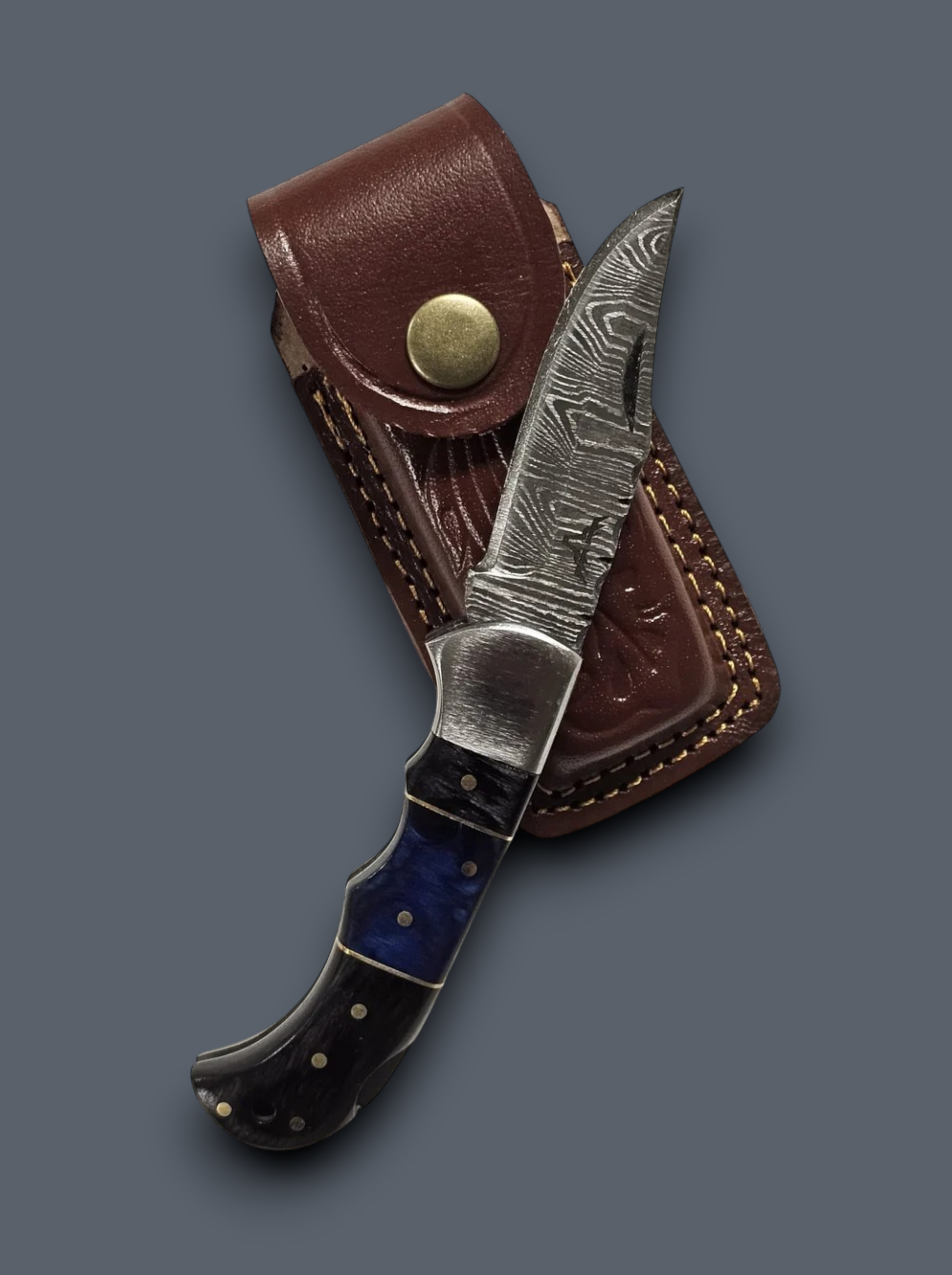 Handmade Damascus steel pocket knife with blue and black handle and premium brown leather sheath