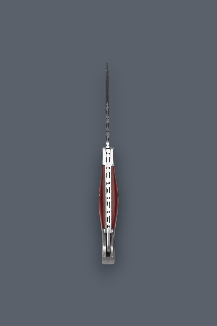 A compact multi-tool pocket knife with a silver metal body and reddish-brown accents, shown vertically against a solid dark gray background.