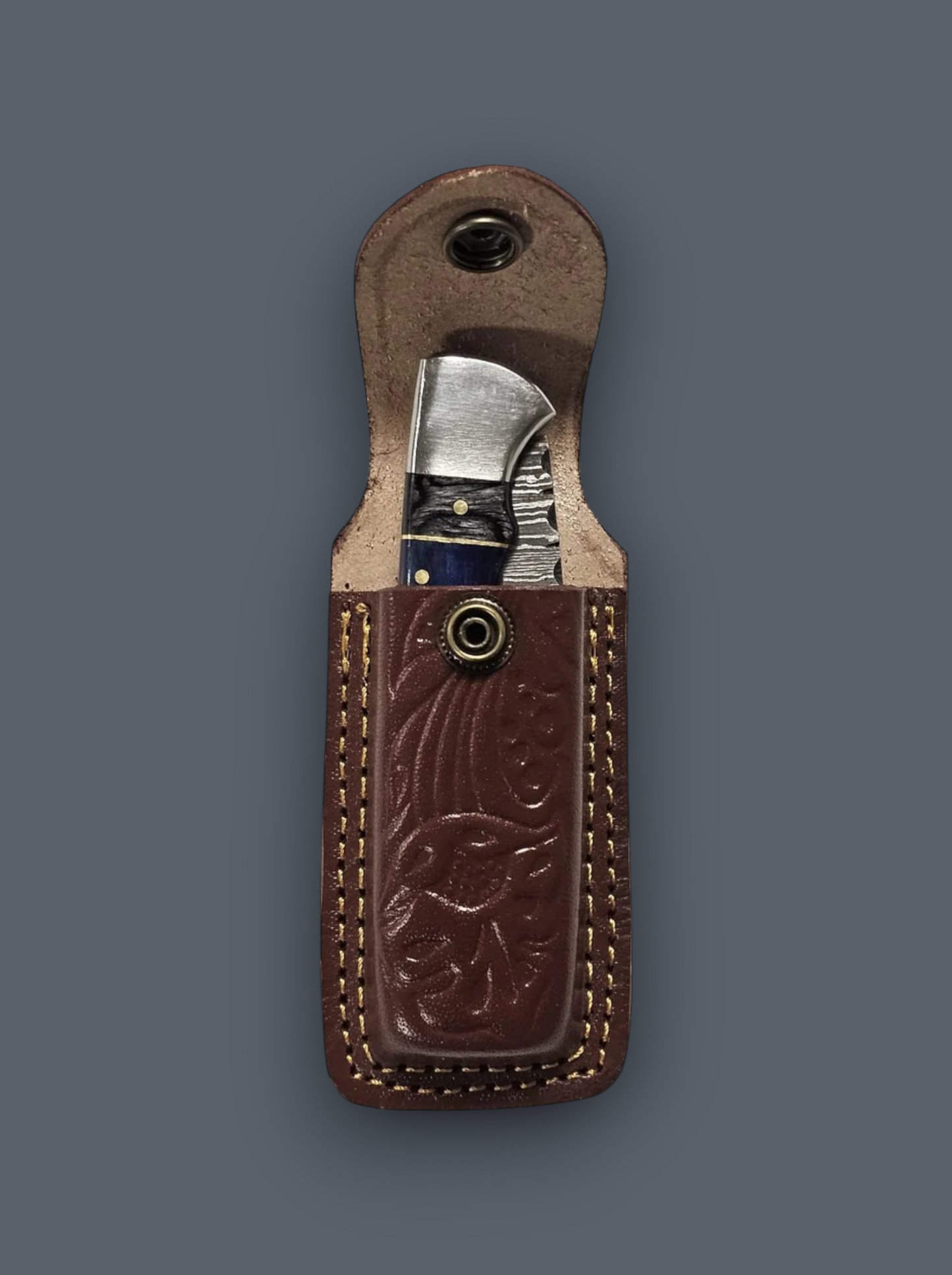 Damascus steel EDC pocket knife with ergonomic blue handle and genuine leather carrying pouch
