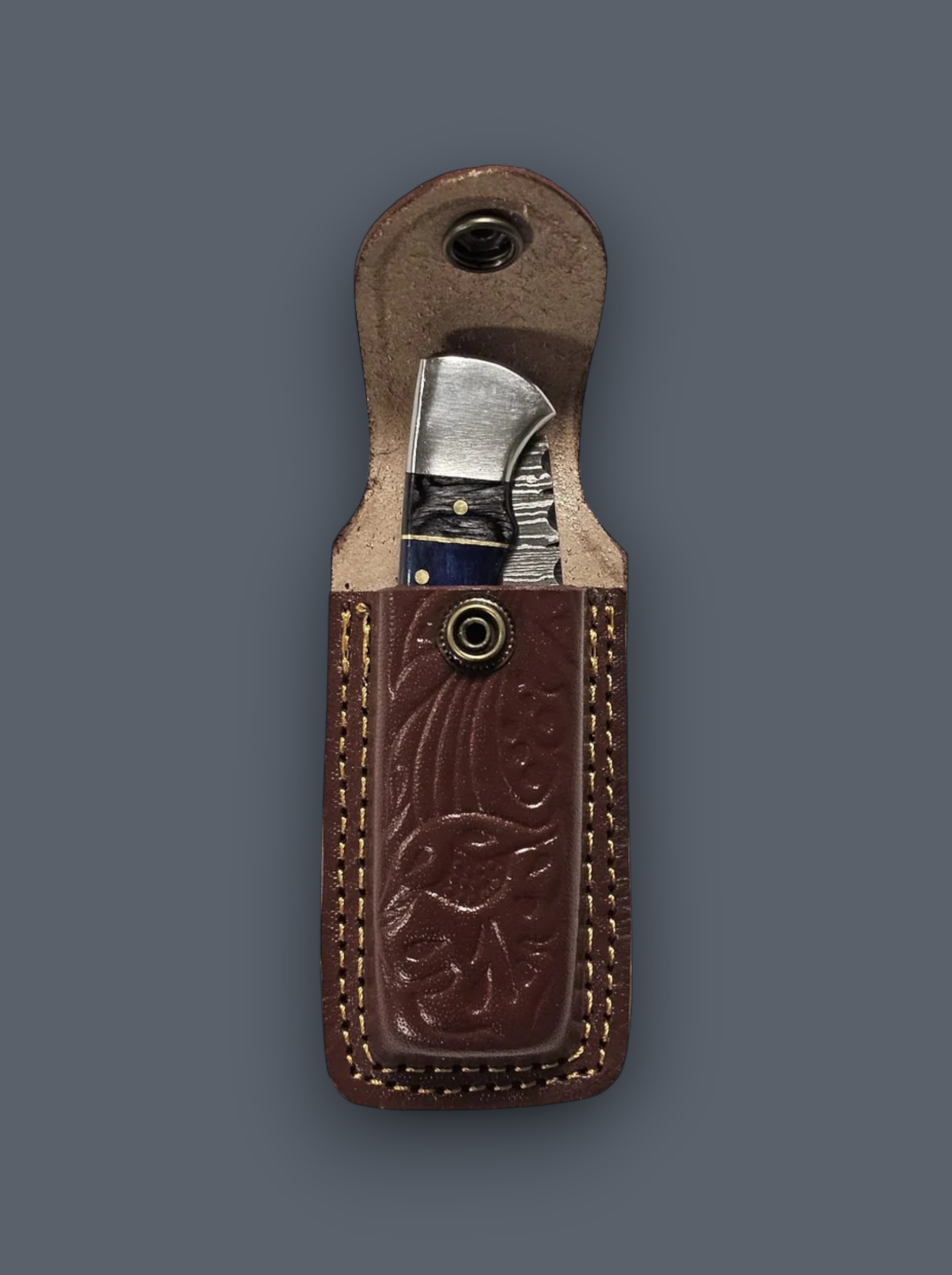 Damascus steel EDC pocket knife with ergonomic blue handle and genuine leather carrying pouch