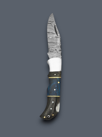 Premium Damascus hunting pocket knife with blue and black wooden handle