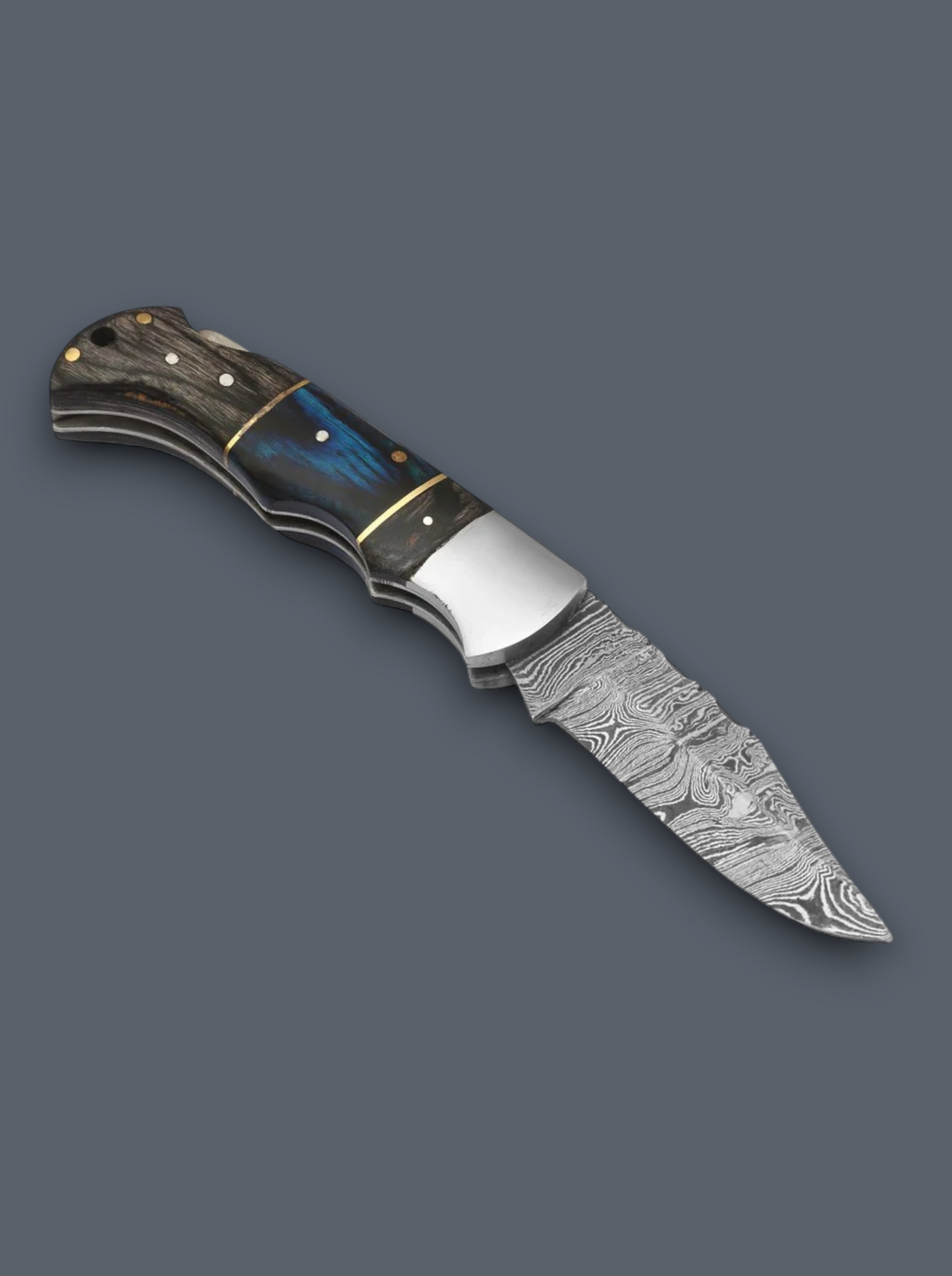 Luxury handmade Damascus steel folding pocket knife with blue handle scales