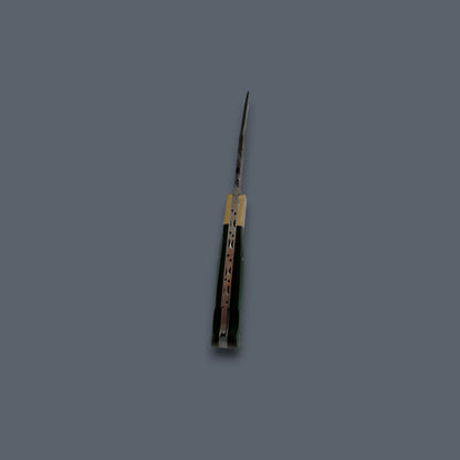 A folding pocket knife with a dark green handle, gold-toned metal accents, and a silver blade, shown vertically against a solid dark gray background.