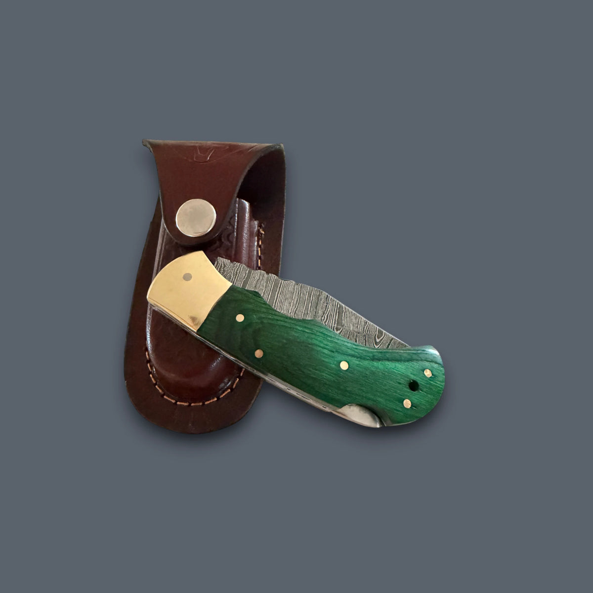 A folding pocket knife with a green wood handle and silver blade, shown partially deployed next to a brown leather sheath on a solid dark gray background.