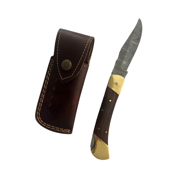 Handcrafted Damascus Blade Folding Knife with Double Brass Bolster and Wood Handle