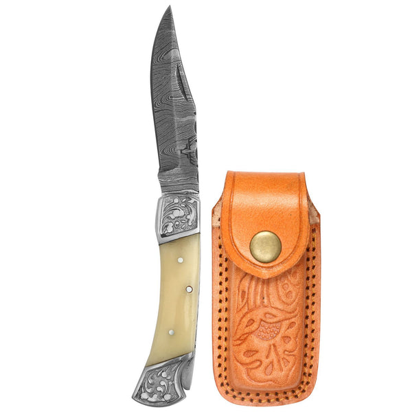 Exquisite Folding Pocket Knife with Flower Steel Bolster | Bone Handle and 3.5" Damascus Blade