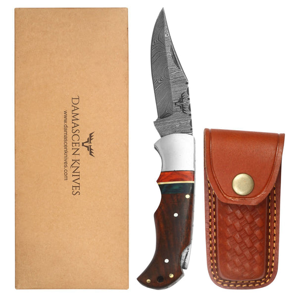 DAMASCEN KNIVES Classic Lockback Folding Knife Wood Handle With Premium Cowhide Leather Sheath
