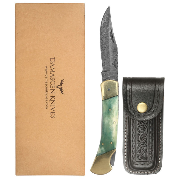 DAMASCEN KNIVES Classic Lockback Folding Knife Bone Handle with Premium Leather Sheath