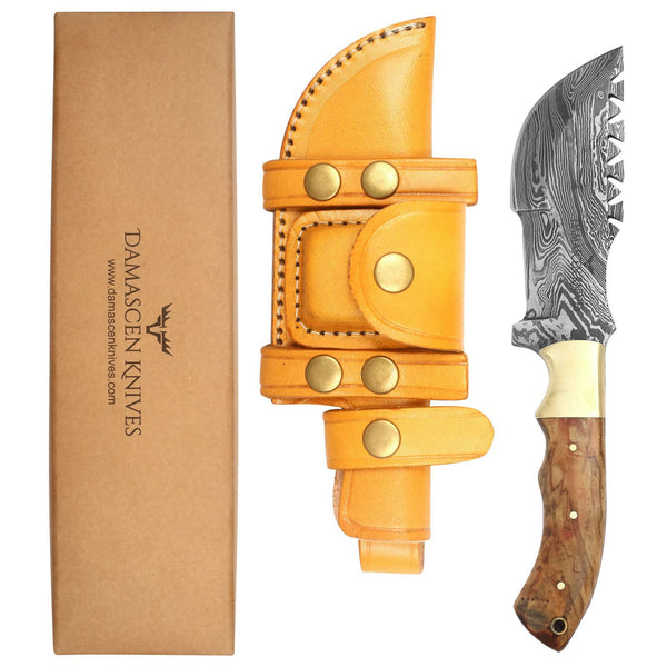 DAMASCEN KNIVES Hunting Knife Bone and Wood Handle with Premium Cowhide Leather Sheath