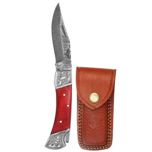 DAMASCEN KNIVES Classic Lockback Folding Knife Wood Handle with Premium Cowhide Leather Sheath | Multicolor Wood