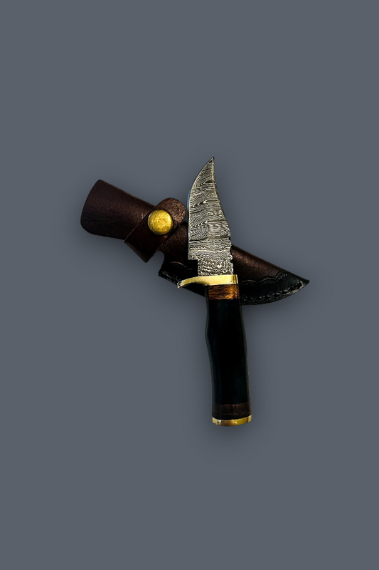 A fixed-blade knife with a patterned steel blade, black handle, and dark brown sheath, displayed against a solid dark gray background.