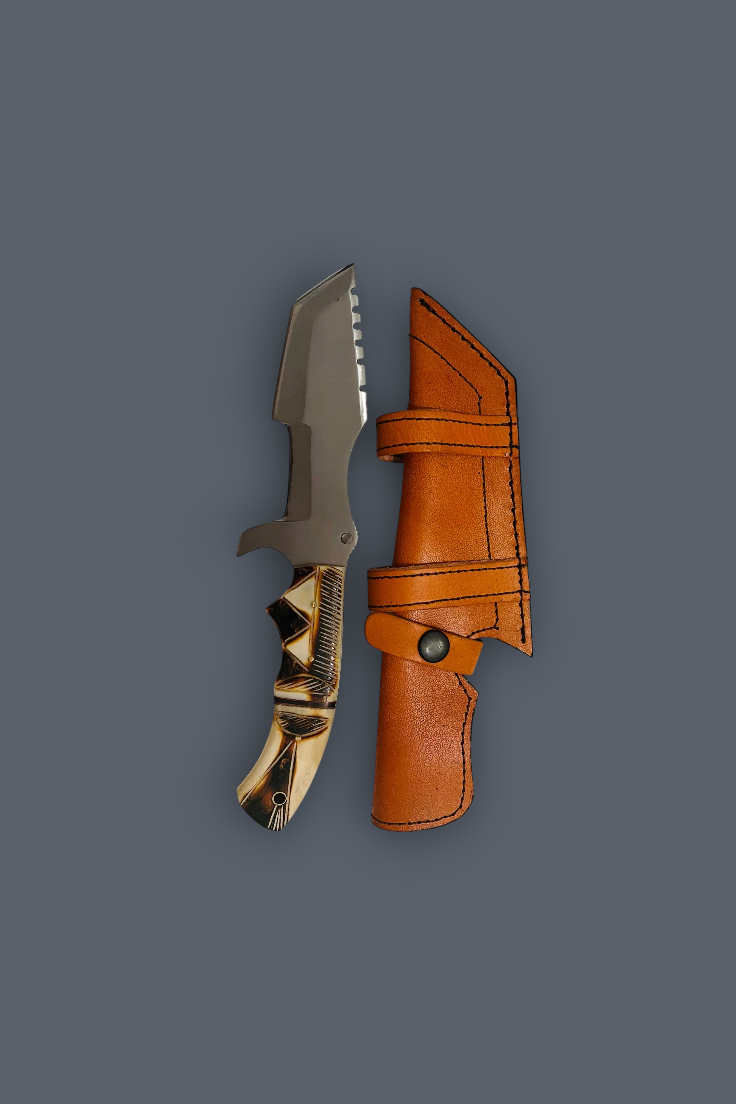 A fixed-blade knife with a silver-toned blade and a patterned tan and black handle, shown next to a brown leather sheath on a solid dark gray background.