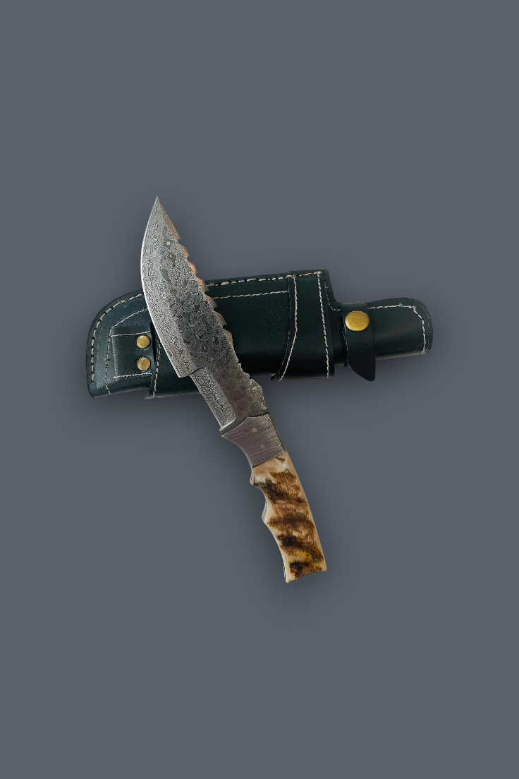 A fixed-blade knife with a textured steel blade, a brown and black patterned handle, and a dark green leather sheath, displayed against a solid dark gray background.