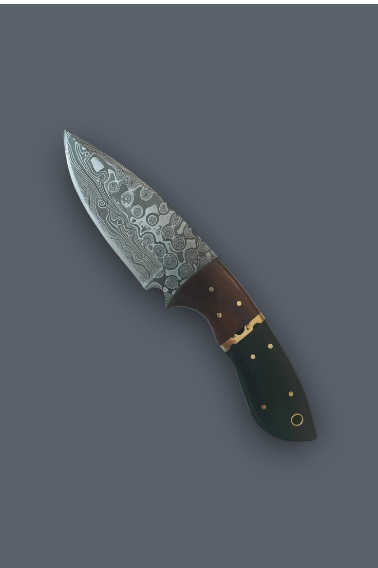 A decorative fixed-blade knife with a patterned Damascus-style steel blade, a brown handle, and gold-colored rivets, shown diagonally on a solid dark gray background.