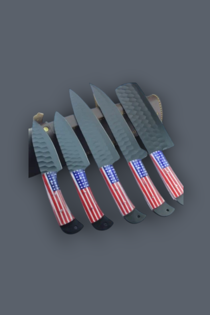 A set of six kitchen knives with dark gray textured blades and handles decorated with an American flag pattern, displayed on a dark gray background.