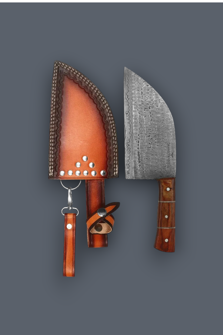 A chef's knife with a textured steel blade and a brown wooden handle, displayed next to its brown leather sheath with silver studs, on a solid dark gray background.