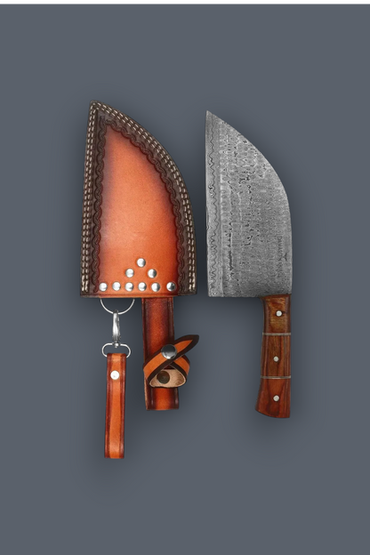 A chef's knife with a textured steel blade and a brown wooden handle, displayed next to its brown leather sheath with silver studs, on a solid dark gray background.